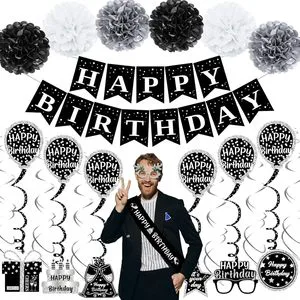 Black White Birthday Decorations Happy Birthday Banner Sash Pompoms Hanging Swirl Set for 18th 21st 30th Birthday Party Supplies