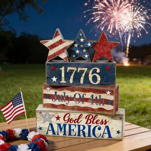 American Flag Star Independence Day Gift Decorative Wooden Block Sign Patriotic Home Tabletop Decor