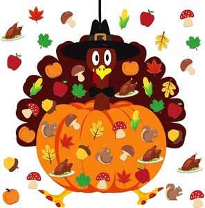 Fall Thanksgiving Felt Craft Kit - DIY Turkey Pumpkin Felt Set With 34 Pcs Detachable Fall Maple Leaves Squirrel Pine Cones