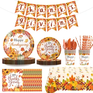 Happy Thanksgiving Tableware Set Party Supplies Autumn Harvest Pattern Disposable Plates for Thanksgiving Barbecues and Picnics