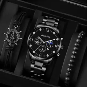 Hot Sale Fashion Men's Stainless Steel Watch Minimalist Casual Wristwatch Rudder Bracelet Quartz Watch Set Men's Jewelry Gift