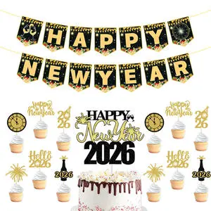 Happy New Year 2026 Party Decoration Set Banners Garland and Cake Cupcake Toppers with Champagne Bottle and Countdown