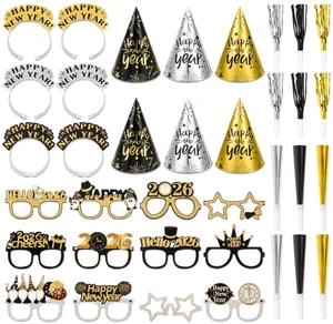 Happy New Year Paper Cone Caps Hats Headband Photo Props Glasses Fringe Blowouts Noise Makers for New Year eve Party Decoration
