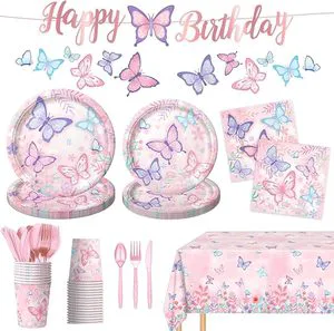 HAWIN 178 PCS Butterfly Birthday Party Supplies Disposable Paper Plates Napkins Cups for Adult/Child/Teenage