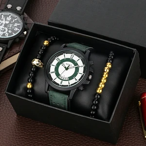 Fashion Father's Day Gifts Watch Bracelet Set Gift Quartz Watches Men Wrist Leather Strap Watch for Men Present for Dad