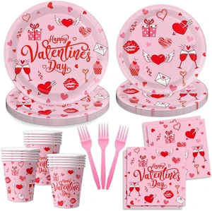 Valentine's Day Party Decoration Supplies Hot Pink Heart Love Theme Disposable Tableware Set