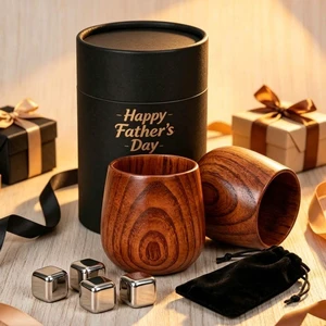 Premium Father's Day Gift Handcrafted Wooden Whiskey Cup Set with Stainless Steel Chilling Stones in Cylinder Box