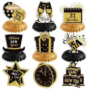 YACHEN New Arrival New Year Eve Party Supplies 9Pcs Black Gold New Year Honeycomb Centerpieces Decorations