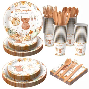 Little Pumpkin Thanksgiving Autumn Party Supplies Baby Party Dinnerware Set for Autumn Harvest Decorations