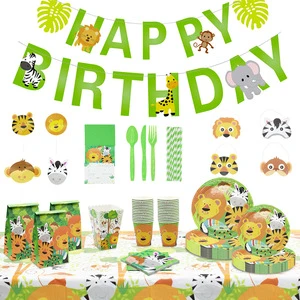 Jungle Animal Disposable Tableware Set for Kids' Birthday Parties-Paper Tray Cup Towel Tablecloth with Fun Wildlife Theme