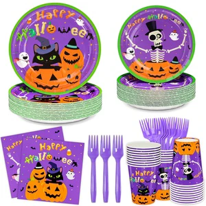 Halloween Theme Pumpkin Disposable Dinnerware Set Party Decorations Thick Paper Plate Napkin Cup Tableware Party Supplies