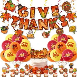 Thanksgiving Party Decoration for Party Supplies With Give Thanks Banner Balloons Party Favor Cupcake Toppers for Kid Set X4099