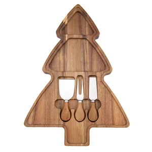 Acacia Wood Cheese Cutting Board Christmas Tree Shape Tabla De Cortar Wooden Cheese Chacuterie Board With Knife Set