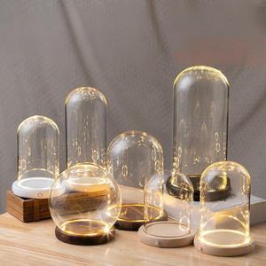 Eternal Life Flower Anti Dust Glass Cover LED Light String Base Side Transparent Glass Dome With Wood Base