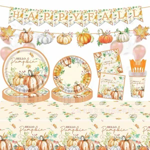 Watercolor Pumpkin Autumn Thanksgiving Theme Design Paper Plates Paper Cup Napkins Tablecloth Disposable Party Supplies Set