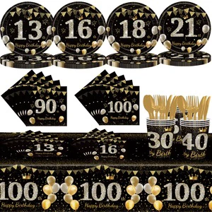 Happy Birthday Party Tableware Banner Tablecloth Paper Plates 13th 16th 18th 21th 30th 40th 50th 60th 70th 80th 90th 100th