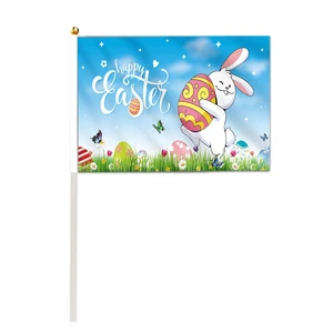 Easter Bunny 3x5ft Polyester Hand Cranked Flag with 30CM Plastic Stick Silk Screen Printed Festive Decorations