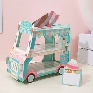 Cardboard Paper Cartoon Ice Cream Truck Dessert Cupcake Holder Cake Display Stand Set for Birthday Children' Day Party