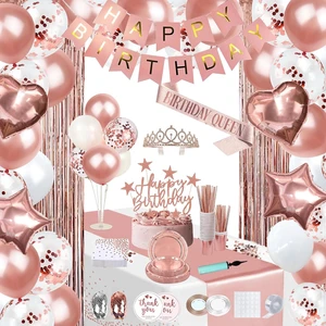Rose Gold Party Birthday Decorations for Women Party Decoration Supplies Tableware Kit Banner Tassel Curtain for 25 Guests