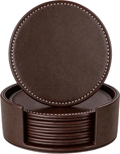 Fashion Custom Print Logo Pu Leather Round Coasters Wedding Laserable Leatherette Drink Coaster With Holder Set