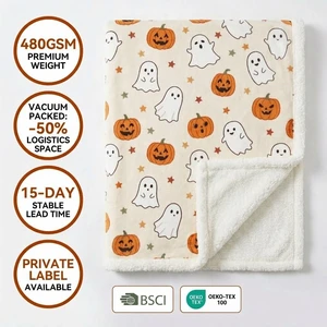 Halloween Blanket Pumpkin Ghost Print Custom Logo 480GSM Sherpa Fleece Bulk Giveaway Private Label Fast 15 Day Lead Time OEKO