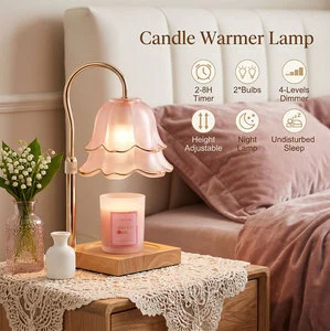 Luxury Pink Flower Glass Candle Heater Gold Edge Wood Base 2/4/8H Timer Mothers Day Birthday Gift For Women