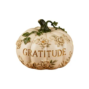 Cream Floral Gratitude Pumpkin Custom Polyresin Craft, Perfect for Thanksgiving Home Decor & Tabletop Holiday Gift Accents