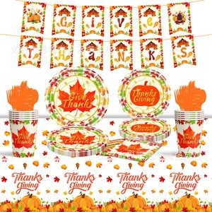 Hot Selling Thanksgiving Party Theme Autumn Maple Leaf Pumpkin Give Thanks Disposable Paper Plate Set Supplies for Party Decor