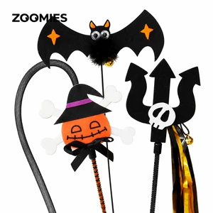 Wholesale Halloween Cat Teaser Wand Toy Set with Pumpkin Spider Bat Skull Bell and Tassels for Indoor Cats