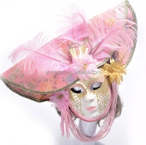 HLC Giant Italian Venice Decorative Wall Mask with Feather Flowers Masquerade Mask with Veils Women Large Carnival Party Masks