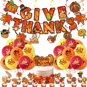 Thanksgiving Theme Party Decoration Supplies 'Give Thanks' Message Latex Holiday Flag Cake Card Balloon Arrangement Set