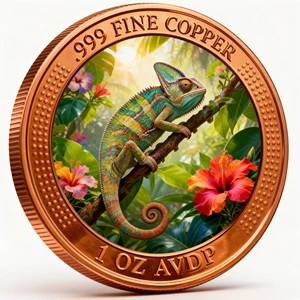 Manufacturer Direct Pure Copper 1 Ounce Coin High Relief Perimeter UV Printing in Center Animal Style Chameleon Coin