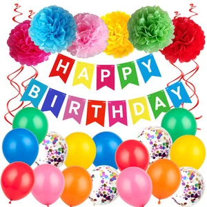 Colorful Adult Happy Birthday Party Decoration Supplies Sets Banner Balloons Paper Flower Ball Swirl Streamers