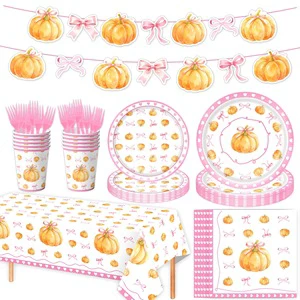 Custom Pink Pumpkin Thanksgiving Theme Disposable Tableware Set Paper Plate Napkins Tablecloth Banner for Festival Party Decor