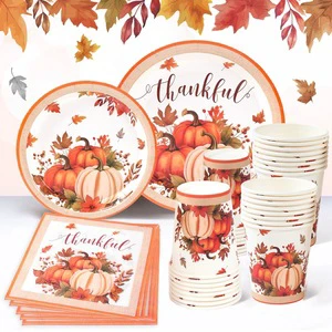 Thanksgiving Themed Tableware Set Pumpkin Party Disposable Plate Set Maple Leaf Paper Plates Napkins Atmosphere Decoration