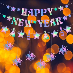 Reusable Aluminum Film Star-Shaped Happy New Year Flags and Hanging Ornaments Fireworks Decorations for 2026 New Year Party
