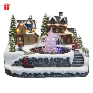Animated Christmas Village Decoration with Rotating LED Water Fountain and Multi-Color Lighted Resin Xmas Ornament