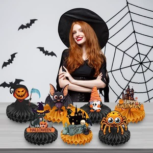 Cross-Border Made China Party Decoration Supplies Wholesale Hot-Selling Halloween Spider Ghost Pumpkin Bat Honeycomb
