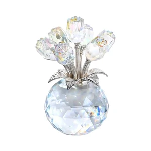 3d Engraving Crystal Rose Bouquet Vase Figurine Romantic Floral Collectible for Valentine's Anniversary Mother's Day Gifts