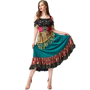 Spain Flamenco Costumes Gold Sequin Tassel Flower Print Pleated Skirt Dress Gypsy Girl Carnival Costumes