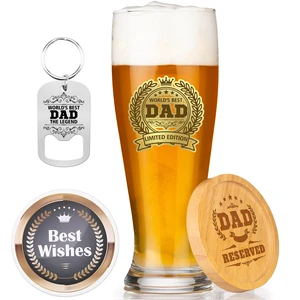 15oz American Style Beer Glass Gift Set with UV Printing Father's Day Gift for Dad Includes Bamboo Coaster & Bottle Opener
