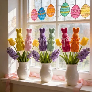 New Design Easter Flocking Rabbit Ornament with Bow Multiple Colors Kids Gift for Home Party Desktop Floral Bouquet Decoration