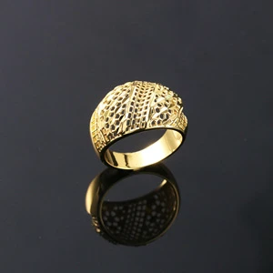 Vintage Central Asia Filigree Hollow Carved Wide Surface Band Elegant Copper Gold Plated Ladies Daily Wear Statement Ring