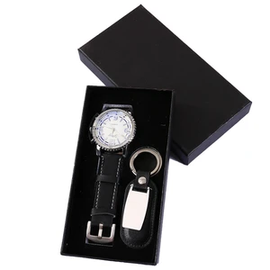 Minimalist Handmade Leather Watch Gift Set for Business Professionals Exquisite Father's Day Client Gifts with Paper Keychain