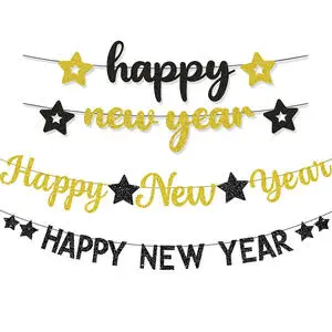 Happy New Year 2026 Party Star Champagne Glitter Hanging Banners Garland New Year Eve Xmas Party Deco Supplies