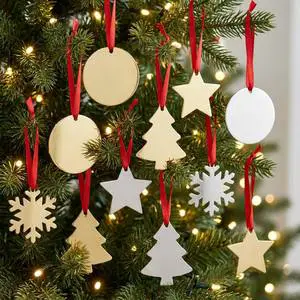Personalized Christmas Tree Ornaments Color Printed Laser Cut Stainless Steel Brushed Metal Hanging Decoration