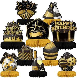 Happy Birthday Decorations Set - Black and Gold Birthday Themed Honeycomb Centerpiece for Women Men Birthday Party Decorations