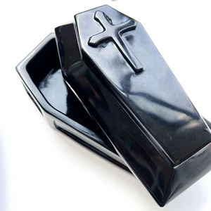 Wholesale Natural Black Obsidian Coffins Can Be Opened Halloween Crystal Quartz Coffins with Cross