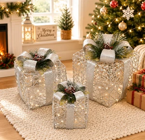 Christmas Decoration Products High Quality New Sliver Iron Frame Gift Box With Led Light 3 Piece Set for Home Xmas Supplier