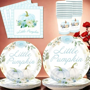 Hot Seller Blue Pumpkin Graphic Party Tableware Supplies Set Thanksgiving Paper Plates Cup Napkin Set Baby Shower Party Supplies